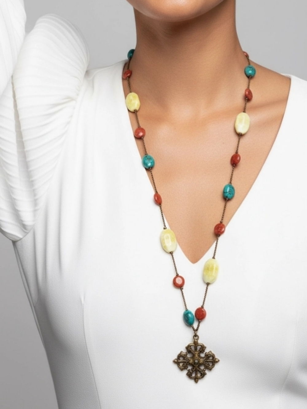 Vintage Turquoise,lemon Jasper & Red Quartz Bronze Pendant Necklace Hand Knotted